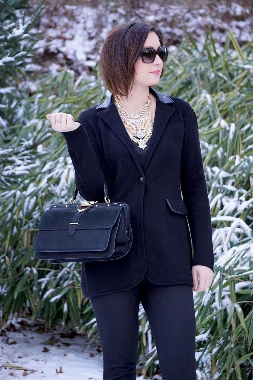 Lauren Ralph Lauren Knit Jacket Small Black Blazer Faux Leather Trim Classic